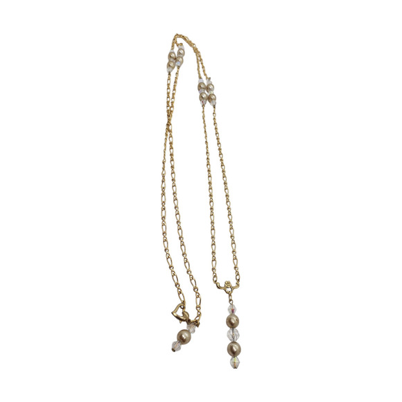 Vintage Gold Tone Chain Necklace Faux Pearl Aurora Borealis Crystal Beads LONG - Picture 15 of 15